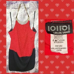 lollol Glittery Red & Blk Colorblock Knit Halter Top w/Built-in Necklace Jrs 4XL